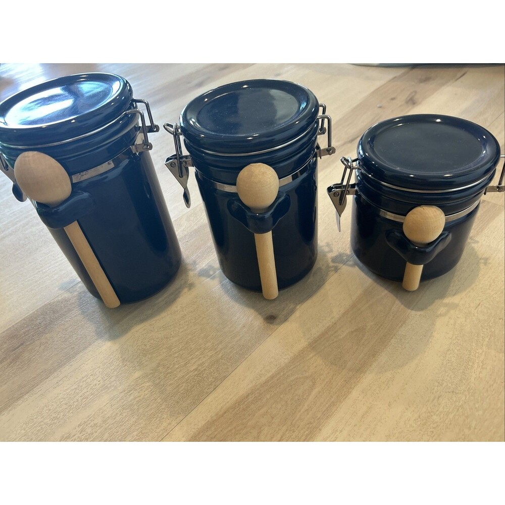 NWOB- Vintage Set of  3 Gibson Cobalt Blue Ceramic Canisters Clamp Top Jars